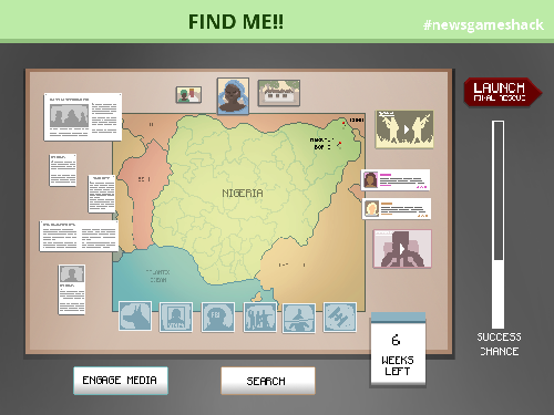 Find Me… An image from "A satirical search and rescue game inspired by the media reaction to the Nigerian schoolgirl kidnap story. An FBI agent tries to keep media interest in the story alive to buy extra time to find the girls."